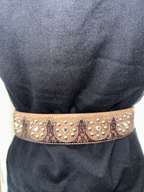 Tony Lama Women\'s Rhinestone Stud Blind  Leather Belt, Brown Size 36 s-l400.jpg main image 3