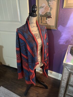 Slate Blue Brick Red Southwestern Sweater Open Cardigan Oversized S  M 44  31 