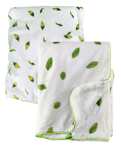 Baby Fleece Blanket Newborn Toddler | 75x100cm | Pram Cot Moses | Green Leaf  - Picture 1 of 16