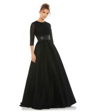 MAC DUGGAL SIZE 4  SHIMMERING PLEATED A-LINE 3/4 SLEEVE BLACK  GOWN  $498