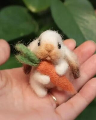 Felted Lop Eared Bunny with Carrot, Mini Needle Felted Bunny Plush