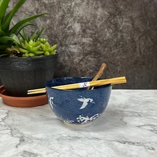 6" Blue Crane Ceramic Ramen Noodle Bowl Gift Set Bowl with Chopsticks and Spoon