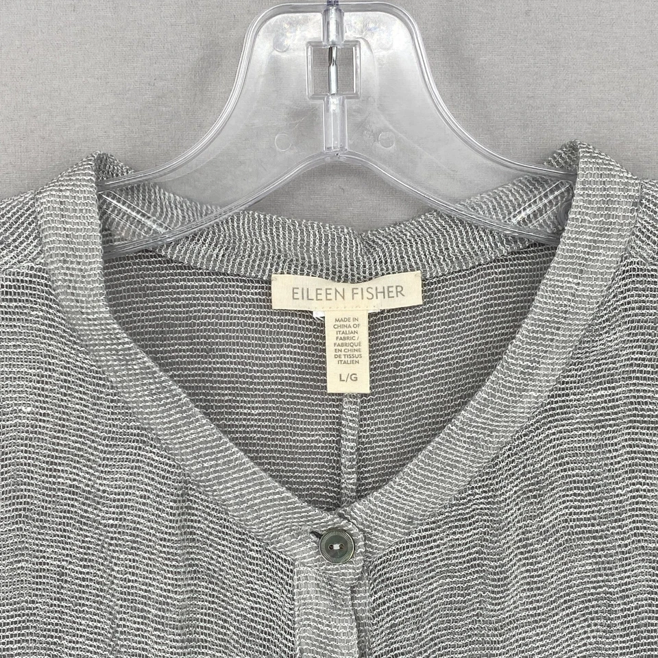 Eileen Fisher Linen Mesh Tunic Shirt Size Large Gray Cap Sleeve Button Up - Image 3 of 4