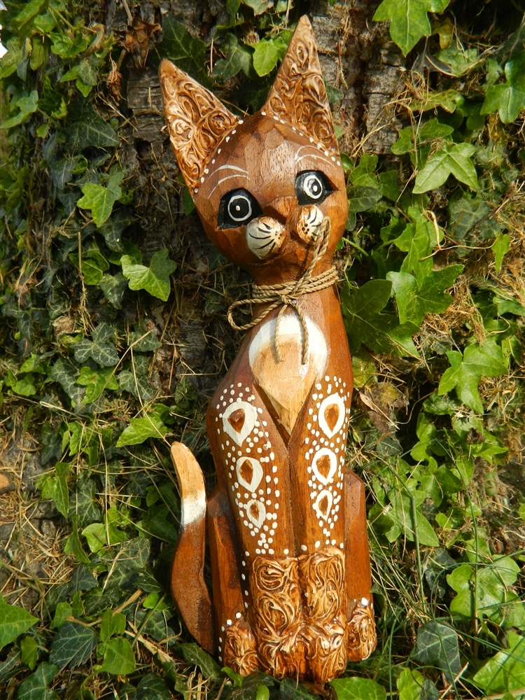 Wooden Cat Carving - Standing Shabby Chic Cat Ornament - Ginger 40cm