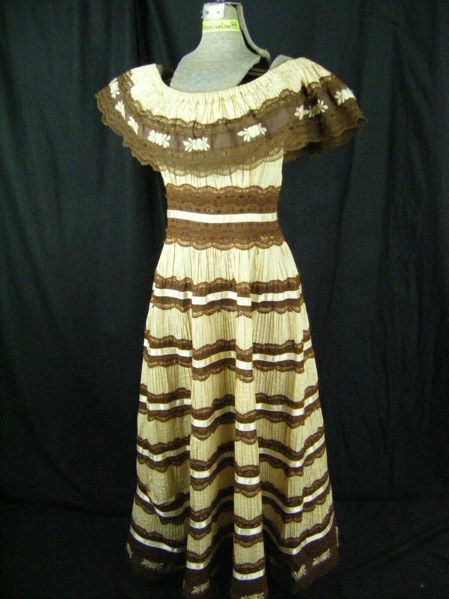 Vtg 60s Mexican Beige Brown Lace Tiered Off Shoulder Full Dress-Bust  34-40/S-M