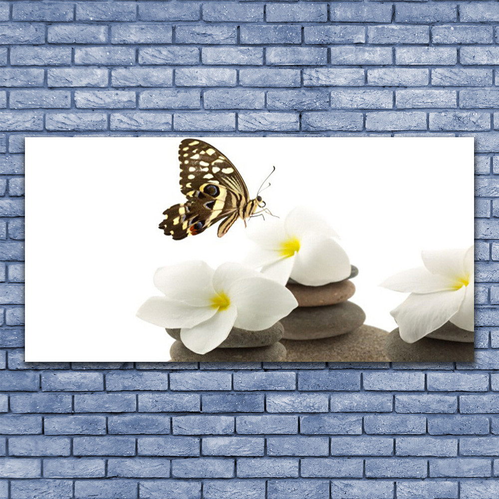 Tableau floral papillon impression sur verre 140x70 pour mur de salon et entrée