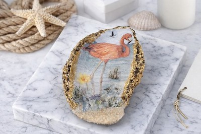 Decoupage Oyster Shell Trinket Dish Gift RAISED GOLD GILDED EDGE Flamingo Decor