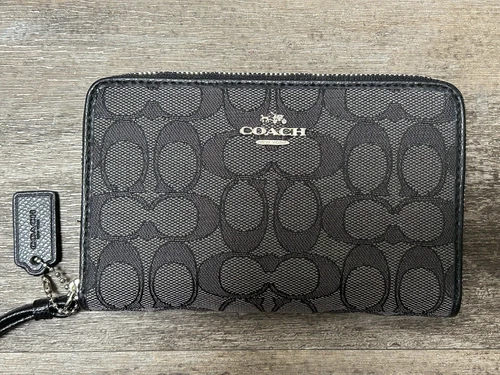 COACH Portafoglio Donna Firmato Zip Polso Argento Nero Fumè Jacquard
