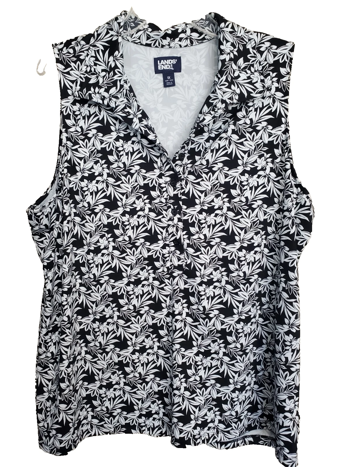 Lands' End Scuba Knit UPF Protection Black Floral Sleeveless Polo Shirt Size 1X