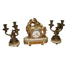 Trittico Francese di metà 1800 Orologio in marmo con Candelieri in bronzo