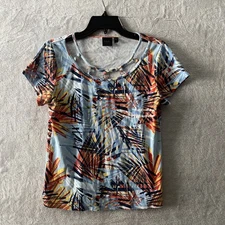 Rafaella Woman Blouse Top Blue Medium Geometric Short Sleeve Round Neck Cotton