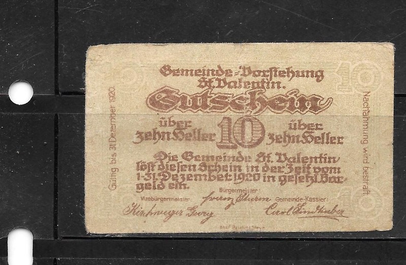 AUSTRIA NOTGELD 1920 10 HELLER ST. VALENTIN VG CIRCULATED BANKNOTE PAPER MONEY 