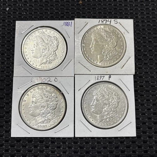 Four Morgan Silver Dollars 1902 O , 1894 S , 1881 P , 1897 P in AU / BU Cond