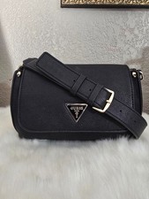 GUESS USA Black Pebbled Flap Shoulder Bag Gold Logo Adjustable Strap Purse
