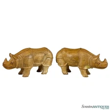 Vintage Teak African Rhino Carved Sculpture - A Pair