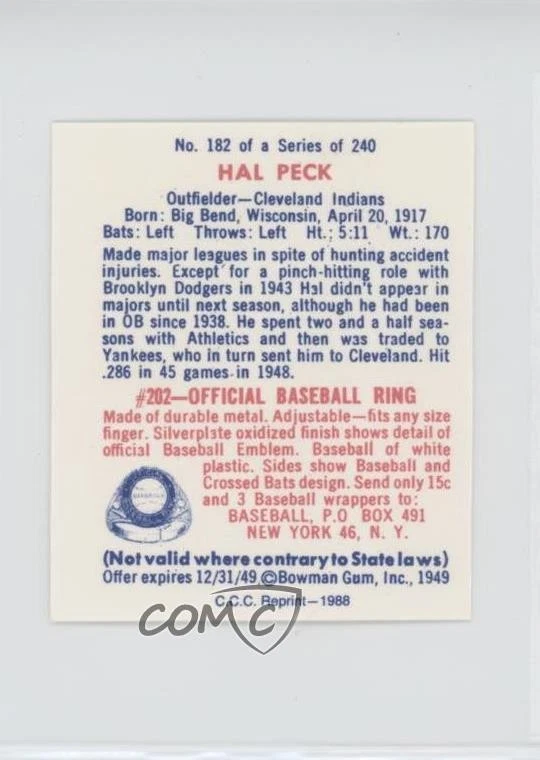 1988 CCC 1949 Bowman Reprints Hal Peck #182 - Image 2 of 2