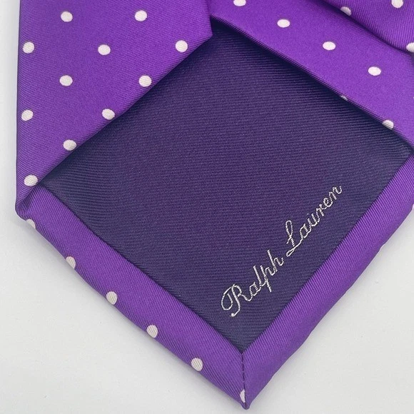 Corbata Ralph Lauren Hombres Púrpura Blanco Lunares Seda Hecha en Italia Púrpura Etiqueta Mano Foto 2 de 4