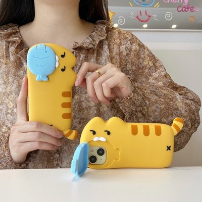 3D Cute Yellow Cat Eating Fish Shockproof Phone Case for iPhone 13-16 Pro Max
