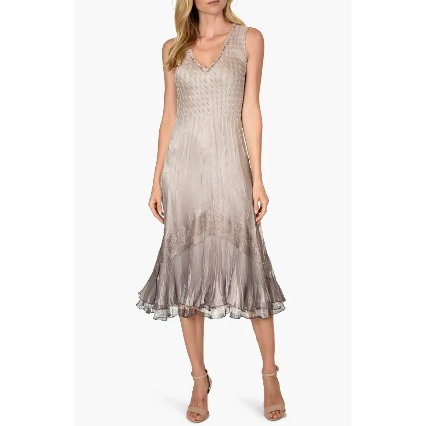 sachin and babi light blue dress Komarov Floral Charmeuse Chiffon Crinkle Pleated V Neck Sleeveless Midi  Dress main image 0