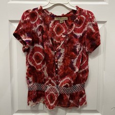 Nine West American Vintage Top 100% Cotton Pink Red Peasant Boho Print Womens XS
