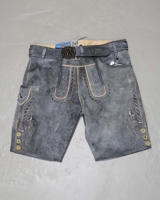 kurze Wildbock Lederhose grau-blau mit Gürtel antik look  Neu - Bild 1 von 4