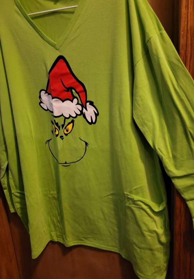 Christmas Grinch Face Long Sleeve T-Shirt/night shirt, Green  Women Plus3x - Image 3 of 4