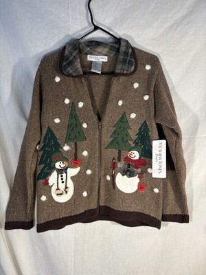 VICTORIA JONES Womens  Snowman Christmas Cardigan Sweater Petite Medium New