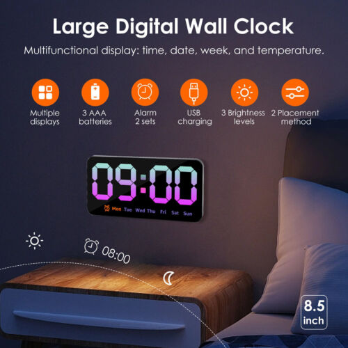 LED Digital Wall Clock 12/24H Time Temperature Date Week Display Alarm Clock UK - Picture 13 of 20