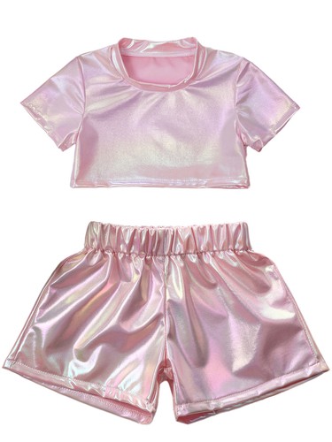Kids Girls Top And Shorts Shiny Dance Outfit Performance Jazz Activewear Stage - Picture 59 of 67