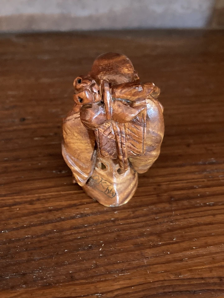 古董雕刻木质快乐佛网介 - 签名! — 第 4/4 张图片