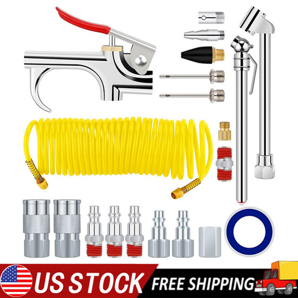 20pcs Air Compressor Accessory Kit 25Ft Recoil Hose Gun Nozzles Set 1/4