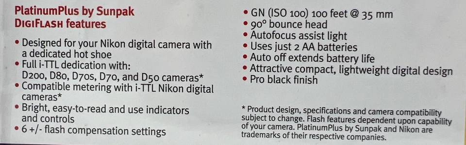 Platinum Plus by Sunpak Digi Flash 2800 for Nikon i-TTL DSLR Camera, NEW, SEALED - Image 4 of 4