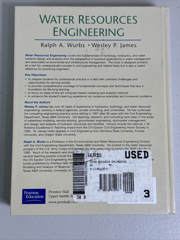 Water Resources Engineering by Ralph Wurbs ISBN 9780130812933
