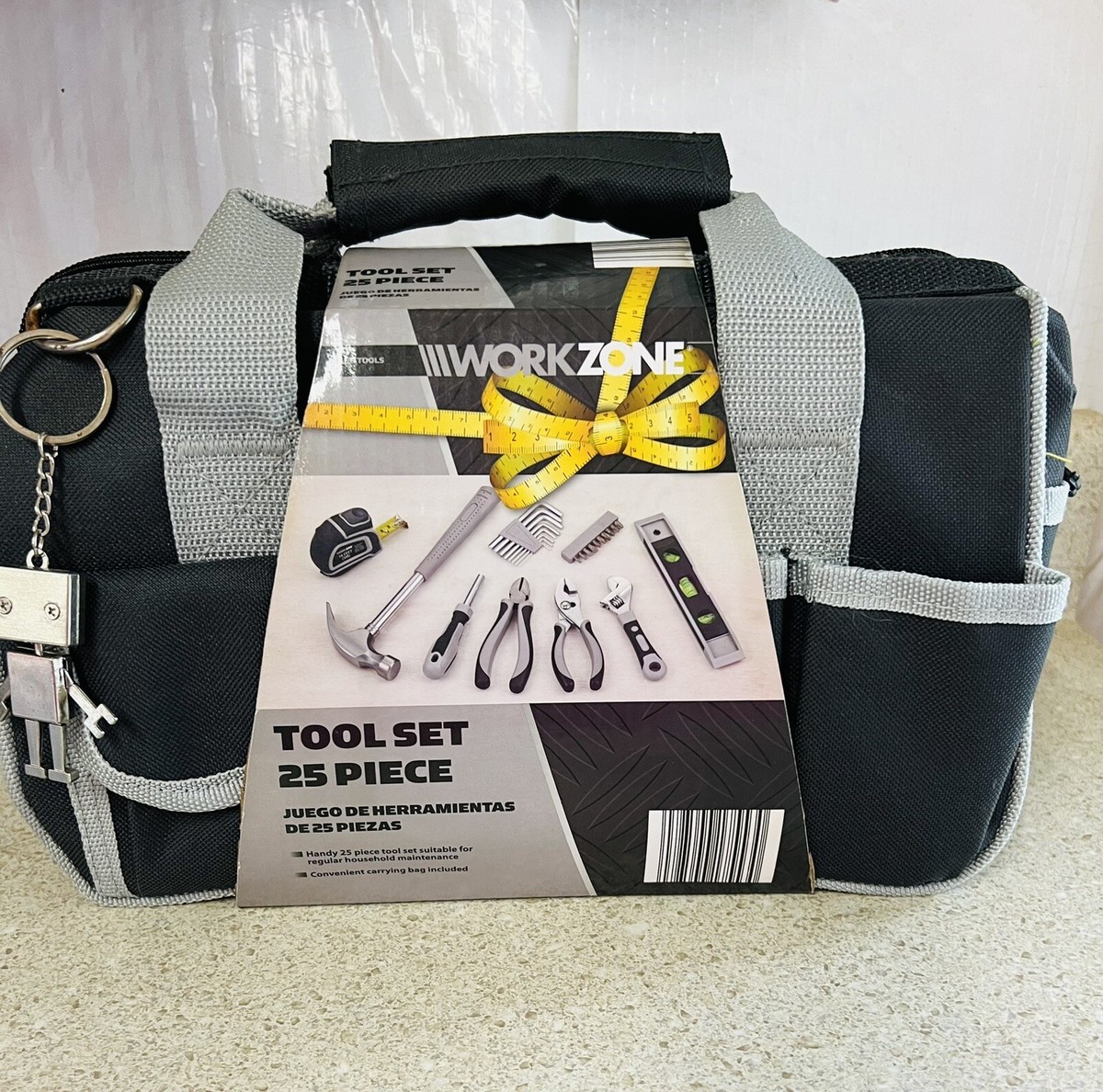 NEW Work Zone Gray 25 Piece Tool Bag With Pockets & Mechanical Key Chain NEW Work Zone Gray 25 Piece Tool Bag With Pockets & Mechanical Key Chain