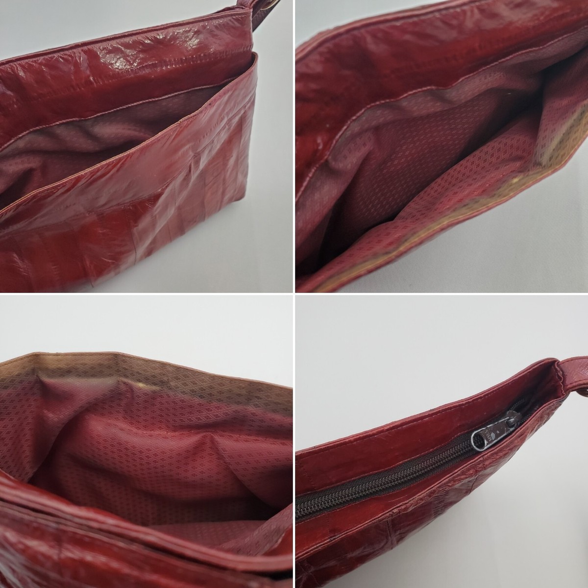 Vintage 70s Eel Skin Leather Crossbody Purse Red Sunco Zipper