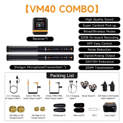 Comica VM40 Combo Super Cardioid 2-Channel Wireless Shotgun Microphone Receiver 