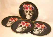Harvest Green Studio Halloween Set of Four 10.5" Dinner Plates Skull Flowers New