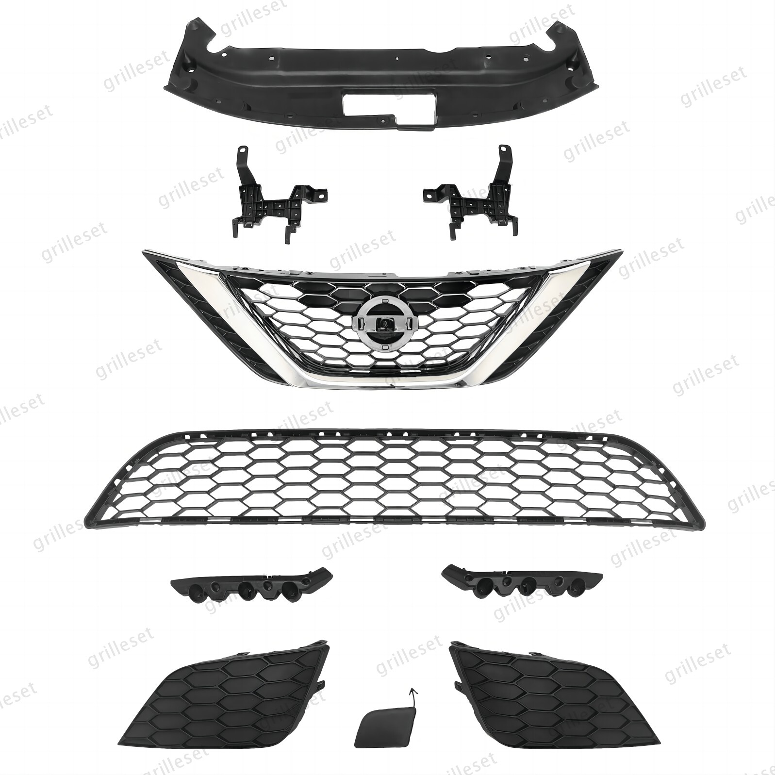 For Sentra 2016-19 10PC Upper Chrome Grille with Lower Mesh & Bumper Bracket Set
