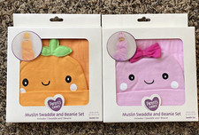 Muslin Swaddle and Beanie Lot of 2 Bright Orange and Pink 100 Cotton 40 x 40 in