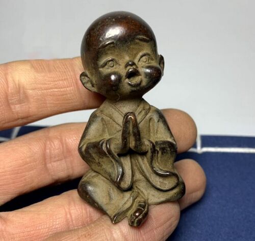 Rare Chinese old Solid Brass Kid Monk Buddha Statue Zen table decoration