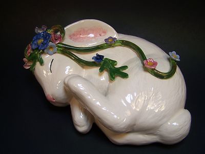 Laraine Eggleston Signed Ceramic Sleeping White Rabbit Bunny 9 x 5 inches