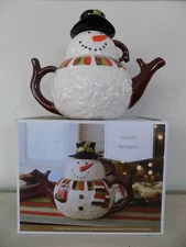 NEW Pier 1 Snowman Teapot Ceramic Christmas with Lid and Cup "Wooden" Arms