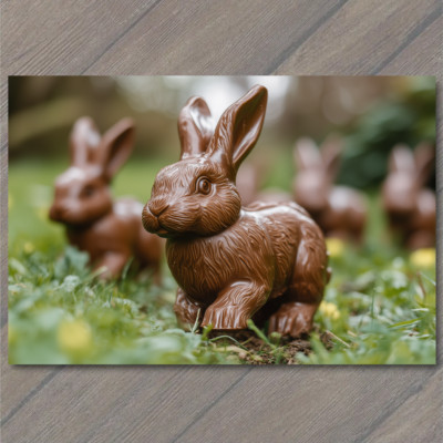 POSTCARD Easter Chocolate Rabbits Racing In Field Festive Candy Display Bunny