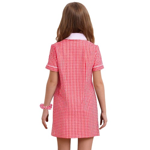 Kids Girls Plaid School Uniform Playsuit Short Sleeve Turn-Down Collar Jumpsuit - Picture 56 of 107