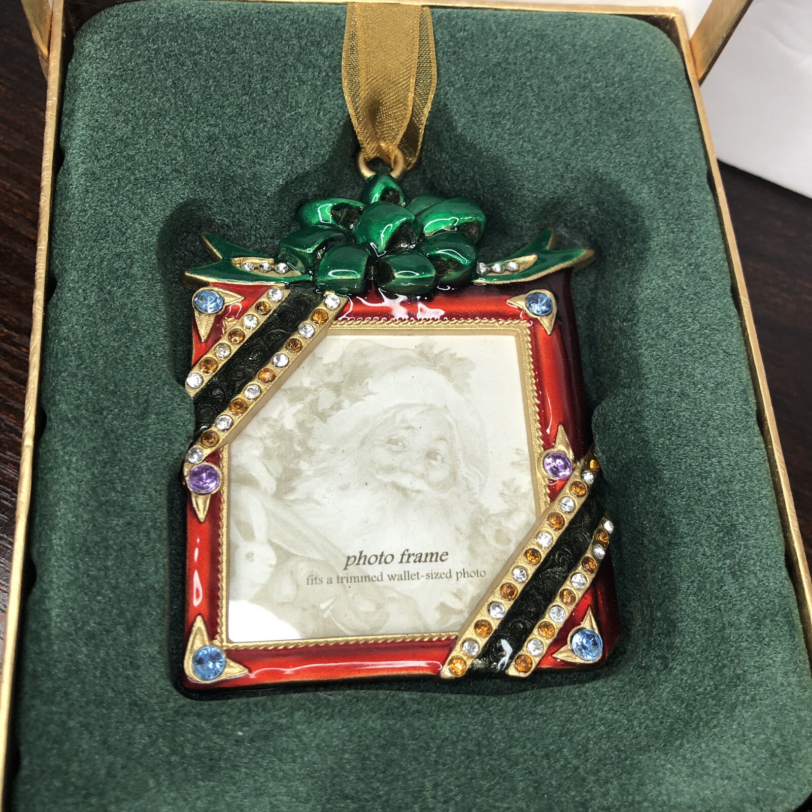 Vintage Rhinestones Enamel Metal Picture Frame Christmas Ornament Gift