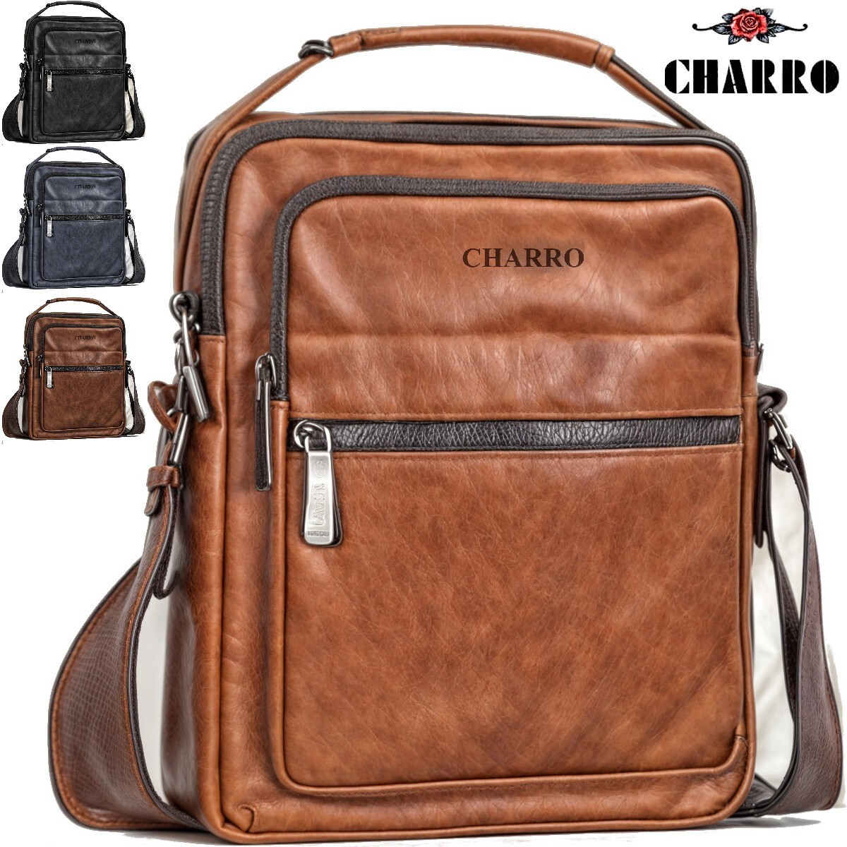 CHARRO Bolso Nuevo Grande Monedero Hombre Piel Bandolera Marrón Negro Cremallera