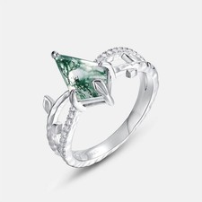 Natural Water Grass Agate Ring with S925 Silver Setting and Green Moss Stone