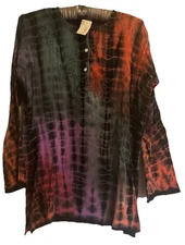 NWT ZAD Shirt 100% Cotton Kurta Crepe Med Tye Dye Pattern 3 Buttons Multicolor