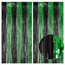 2 Pack Green Black Fringe Backdrop, 3.2x8.2ft Shining Foil Tinsel Curtains, ...