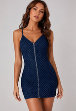 Rhinestone Denim Bodycon Mini Dress Zip Front Y2K Glam Stretch Blue Size S